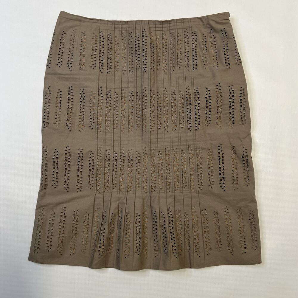 AKRIS Punto Mocha Brown Eyelet Pin Tuck Pleat Silk Lined Skirt US 10 Designer